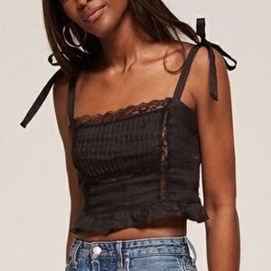 Reformation Black lace linen top